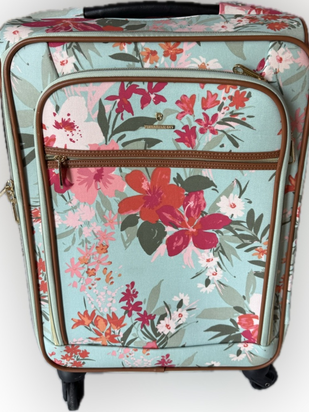 Spartina 449 Mint Floral 20” Spinner Carry-On with Pink & Coral Blooms